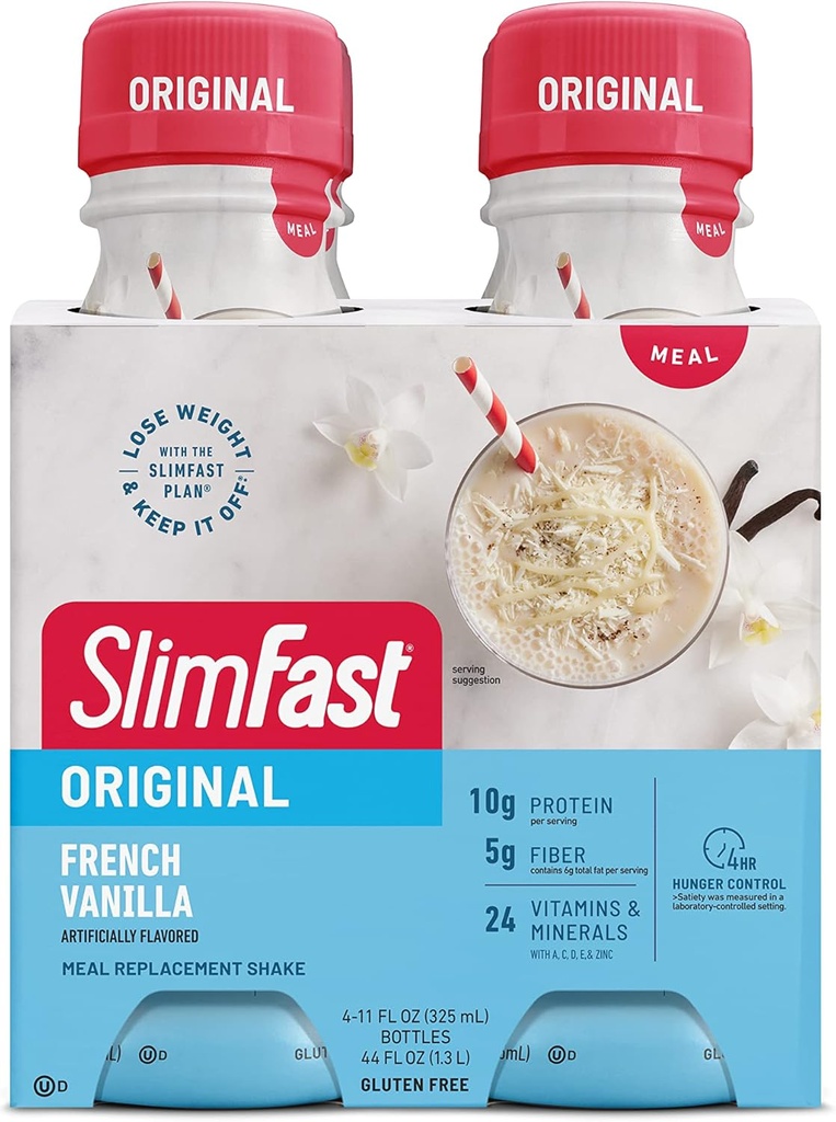 SlimFast Meal Sostituzione Shake, Originale Francese Vanilla, 10g di Pronta per Bere Proteine per Perdita di Peso, 11 Fl. Oz Bottiglia, 4 conte (Packaging May Vary)