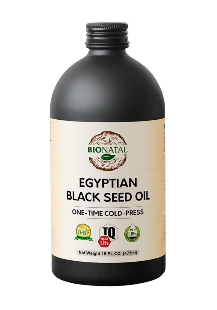 BioNatal Egiziano Nero Olio di semi – Pressato a freddo Nigella Sativa Produrre Olio di semi di cumino nero, Non raffinato & non filtrato, Alto TQ Fino a 1.15% – Supporta Sistema immunitario, Digestione & Giunti 16oz Vetro