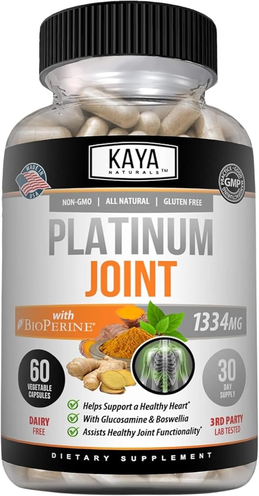 Kaya Naturals Platinum - Natura Made Bioperine, Glucosamine, Turchese con Boswellia, Proprietà Antiossidanti Sani, Curcumina Curcuma 1334mg - 60 Capsule