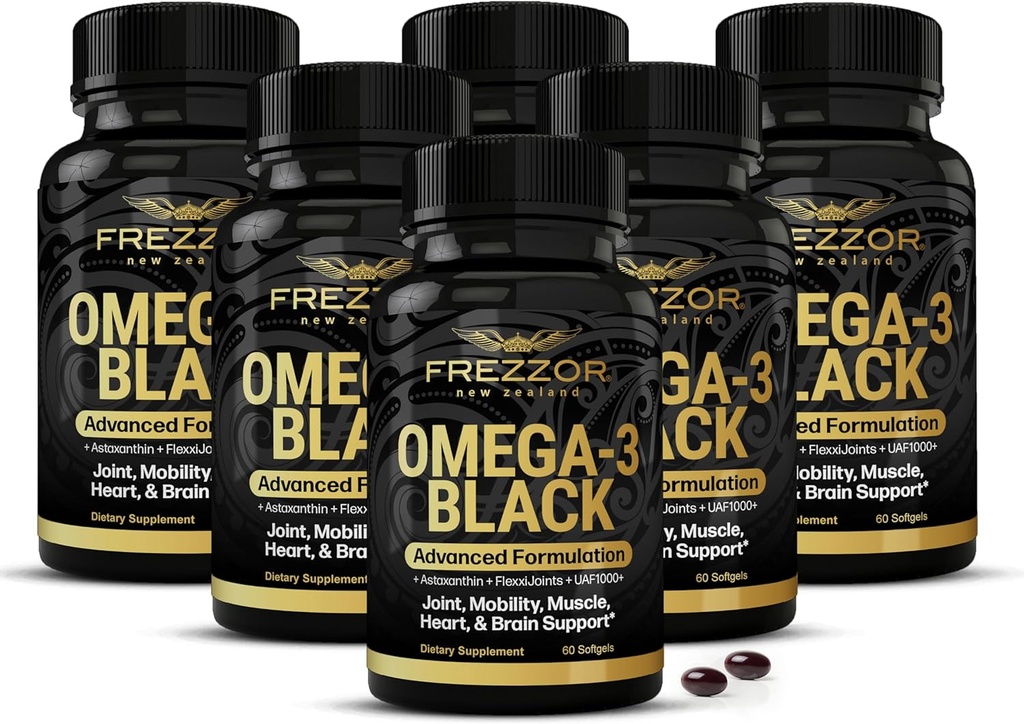 FREZZOR Omega 3 Nero per Joint Care & Comfort - Nuova Zelanda Green Lipped Mussel olio capsule; 53x Alta potenza con UAF1000+ Super Antiossidante, No Fishy Aftertaste, 450mg, 6-Pack, 360 Softgels