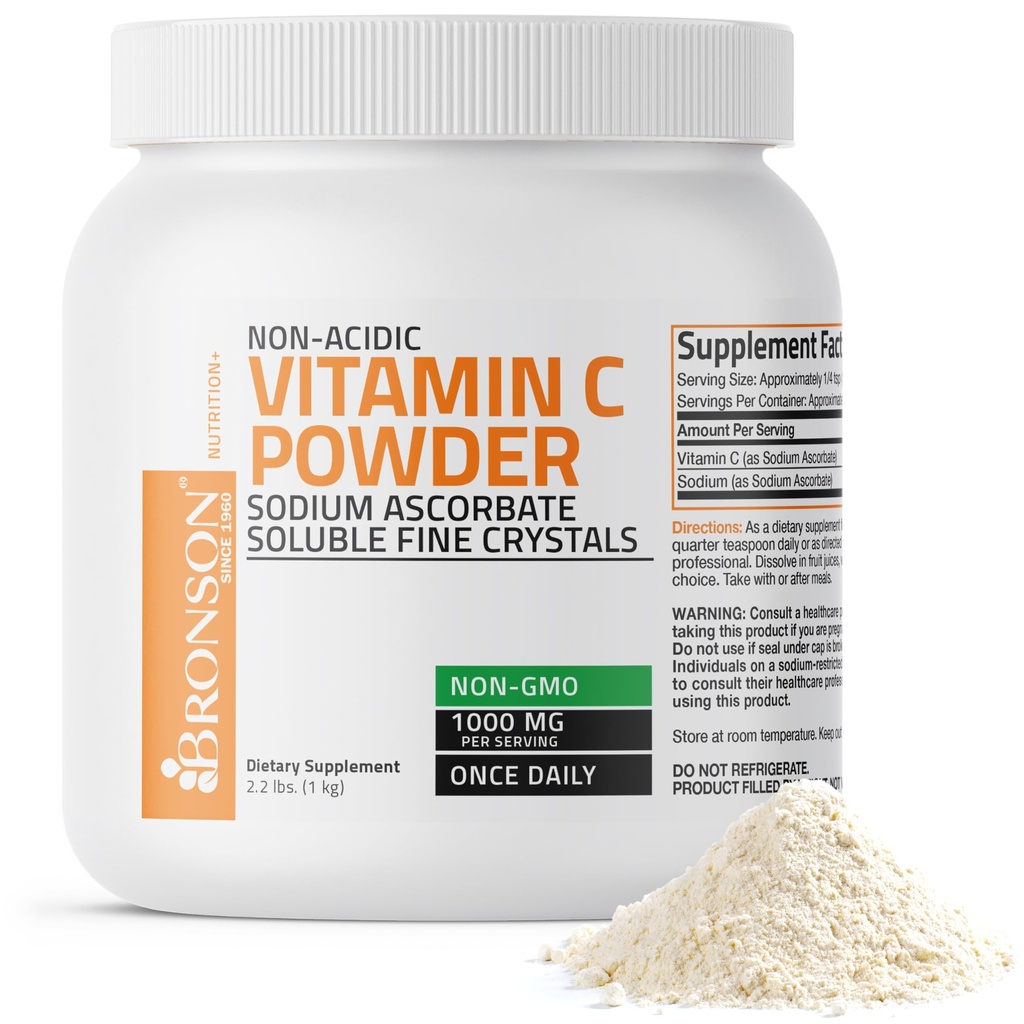 Bronson non acidic vitamina C polvere sodio ascorbate non GMO solubili cristalli fini - sistema immunitario sano, antiossidante e protezione cellulare, 1 chilogrammo (2.2 lbs, 35.3 once)