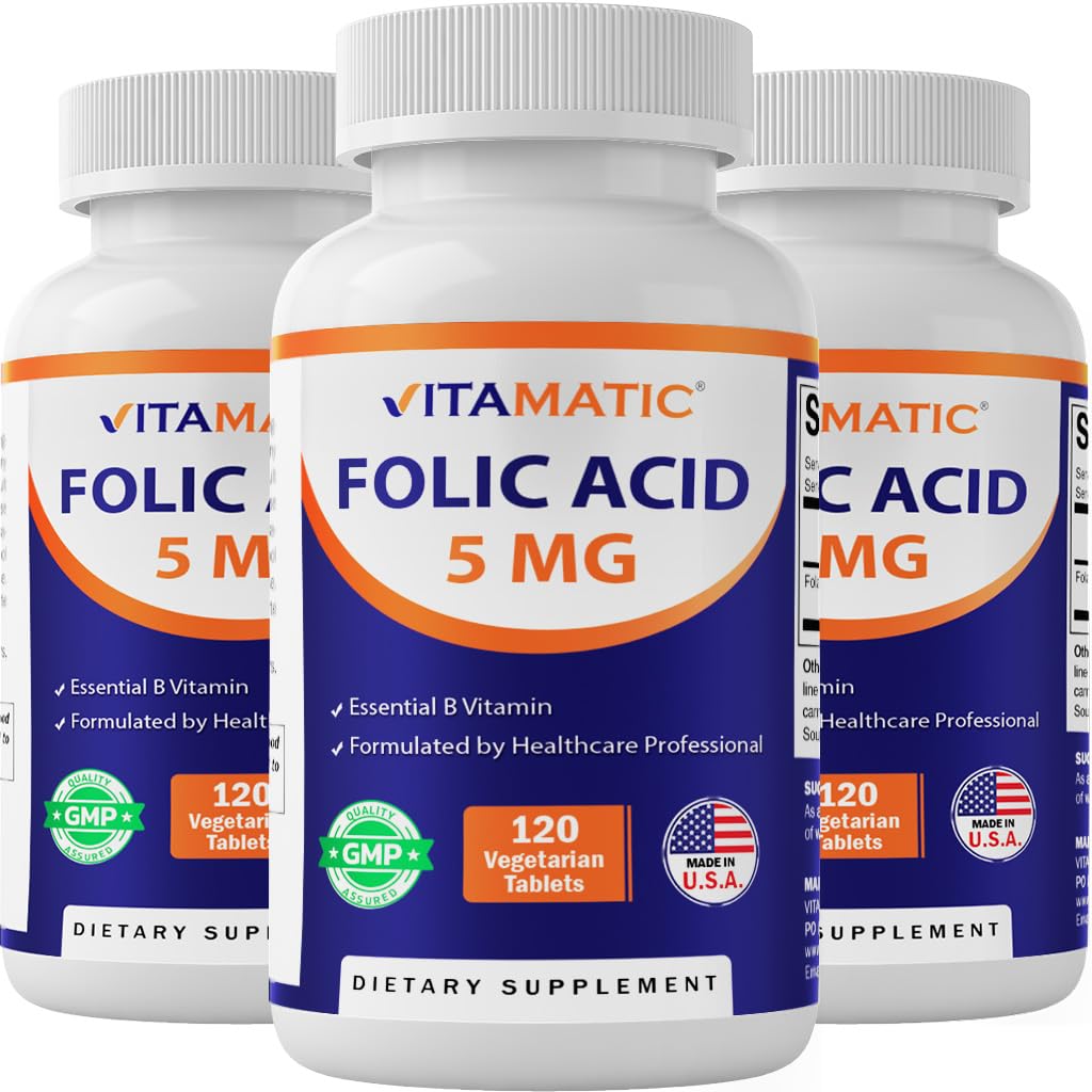 Acido folico vitale 5mg (5000 mcg) – 120 compresse vegetariane per bottiglia – Vitamina B9 (Folato) – 3-Pack | Total 360 compresse