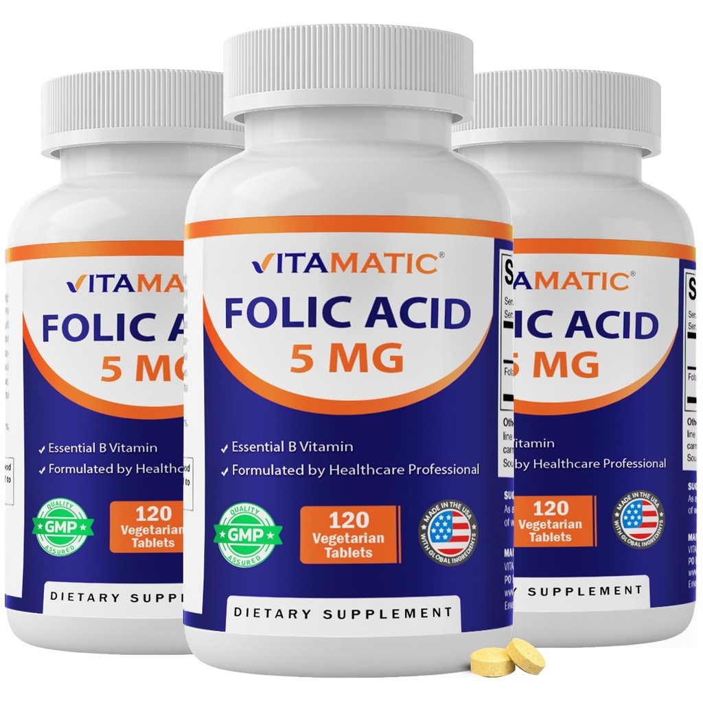 Vitamatic Folic Acid 5 mg (5,000 mcg), 120 Vegetarian Tablets (3 Pack)