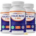 Vitamatic Folic Acid 5mg (5000 mcg) – 120 Vegetarian Tablets per Bottle – Vitamin B9 (Folate) – 3-Pack | Total 360 Tablets