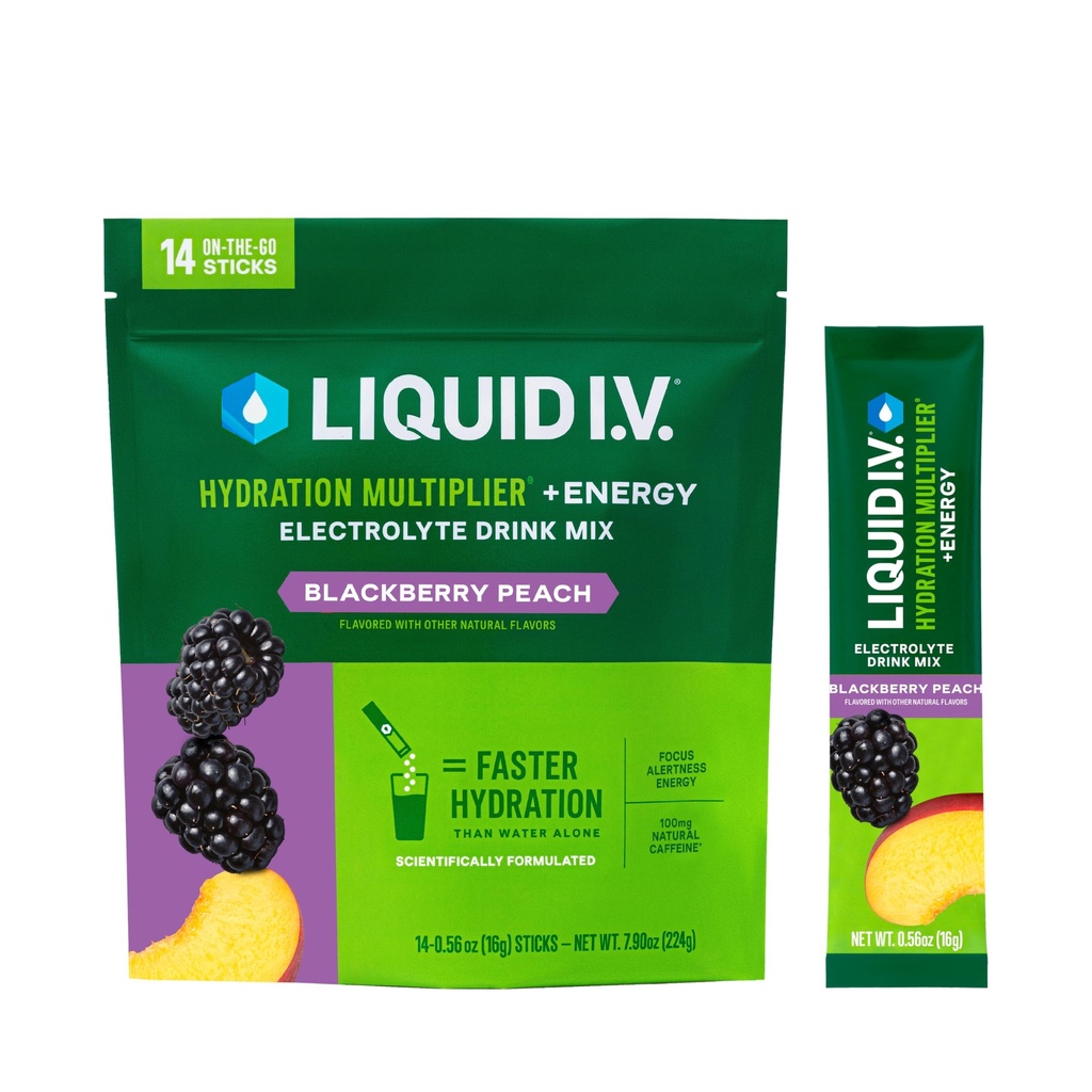 Liquido I.V.® Hydration Multiplier +Energy | Blackberry-Peach | Miscelatore per bevande a polvere elettrolita | 1 Confezione (14 Serve)