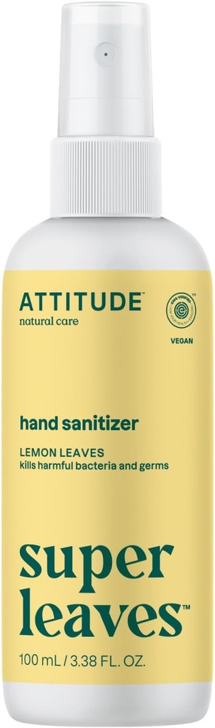 ATTITUDE Sanitizzatore a mano spray, EWG verificato, uccide Germs & Bacteria, Vegan & Plant-Based, sicuro per adulti e bambini, Lemon Leaves Scent, 3.38 Fl Oz (bottiglia di cucina)
