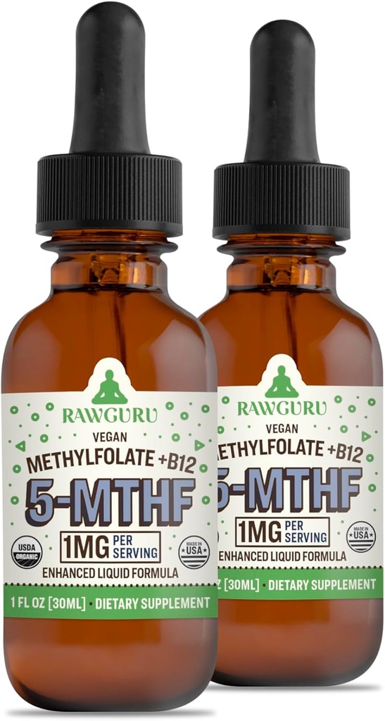RawGuru Methylfolate 1mg+ Vitamin B12 - Organic Vegan Methylated B12 con Trace Minerals - Nano-Processed & Enhanced Liquid Formula - 300 Serve di Vegan Drops per 30 ml, Confezione da 2