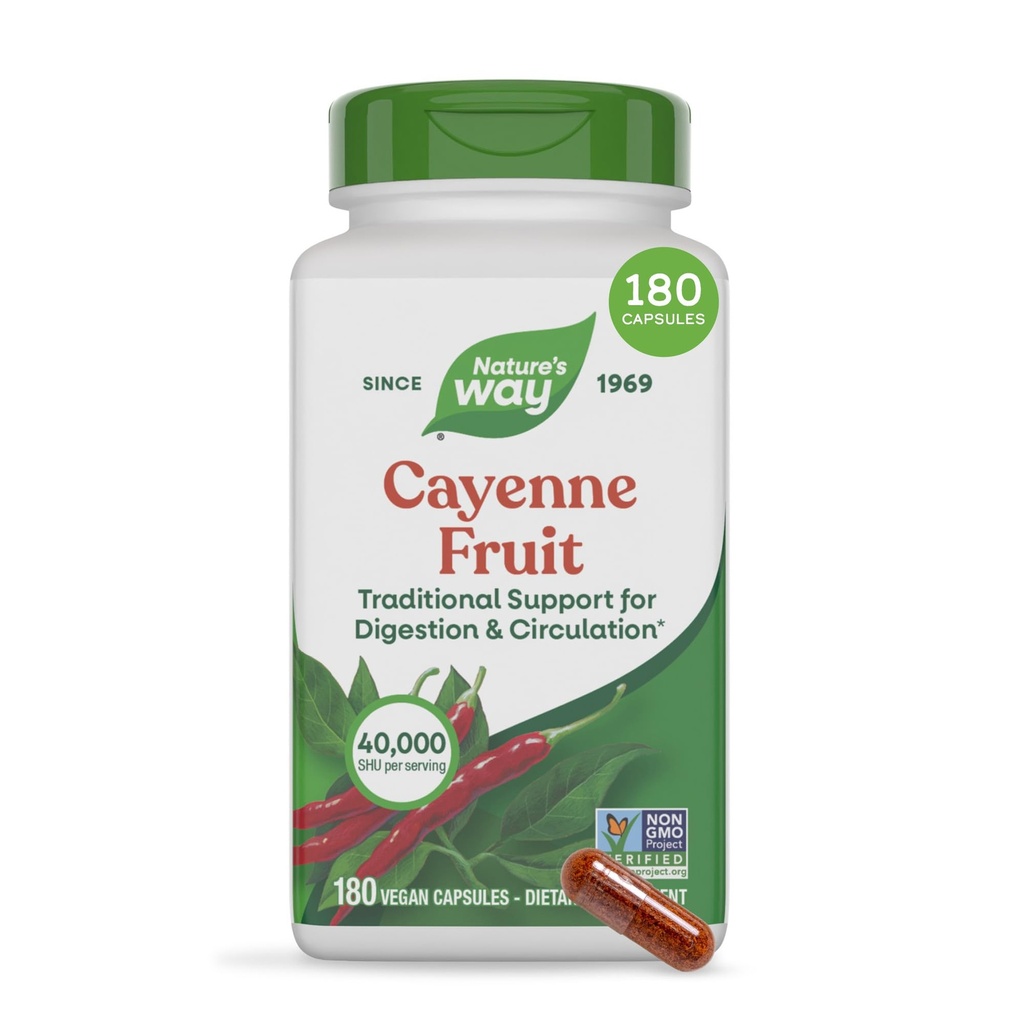 Nature's Way Cayenne Pepper Capsules, Traditional Digestion & Circulation Support*, Capsaicin, Non-GMO Project Verified, Gluten Free, 180 Vegan Capsules (Packaging May Vary)