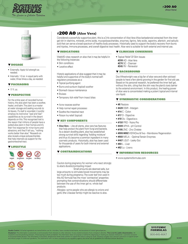 Formula sistemica AO – Aloe Vera 16 Fl Oz BioExtract #200. 3-4x Concentrazione di Aloe Vera Estratto da Gel Interiore Ricco. per uso interno ed esterno.