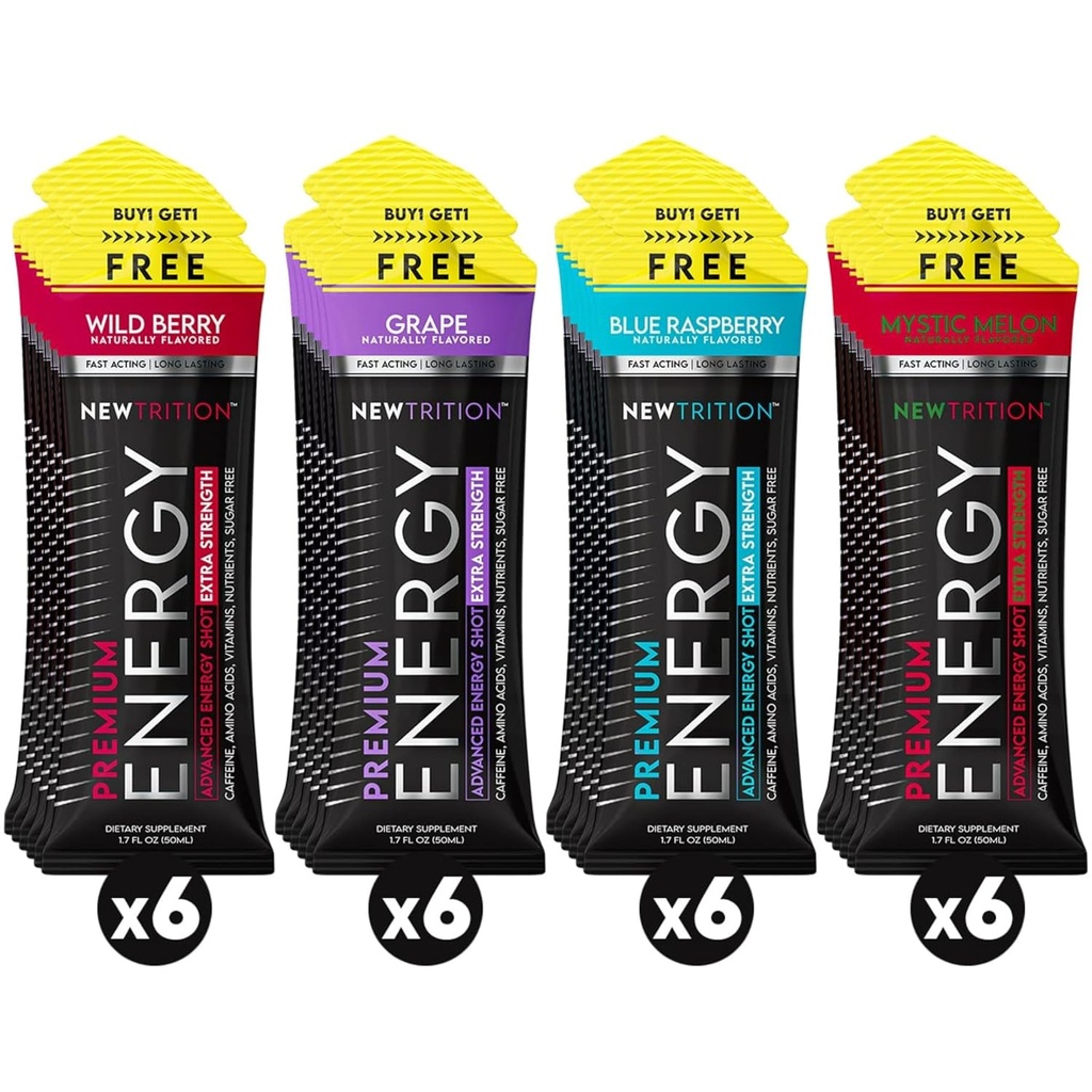NewTrition® Extra Strength Energy Shots 1.7 fl oz (Pack of 24, 4 Sapori) - 250mg di caffeina con B Vitamine & Aminoacidi, Zucchero Zero Calorie Vitamin Energy Drink per Focus & Endurance (Mixed-1)
