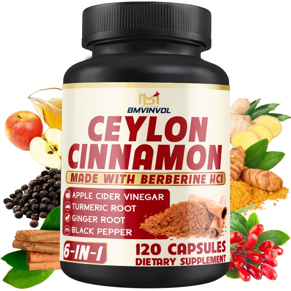 Ceylon Cinnamon Capsule con Berberina HCl, Aceto di Sidro di Mele, Turmerico, Ginseng, Pepe Nero - 6in1 per Supporto Funzione Immune - 120 Conte