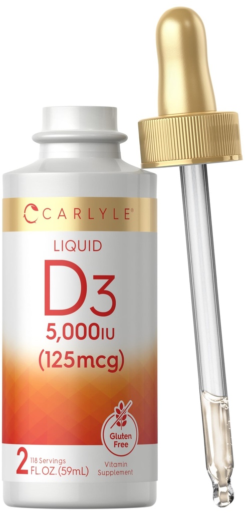 Carlyle Liquid Vitamina D3 | 5000 IU (125 mcg) | 2 oz | Vegetariano, Non OGM e Gluten Integratore Libero | Vitamina D Gocce Liquide per Adulti