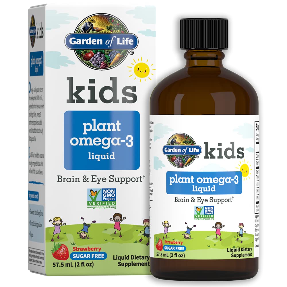 Giardino della vita Bambini Pianta Omega-3 Liquido, Fragola - Vegan Brain & Eye Support per bambini, Pianta-Based bambini Omega 3 ALA, DHA & EPA Supplemento per bambini, Zucchero Libero & Non OGM - 2 fl oz Liquido
