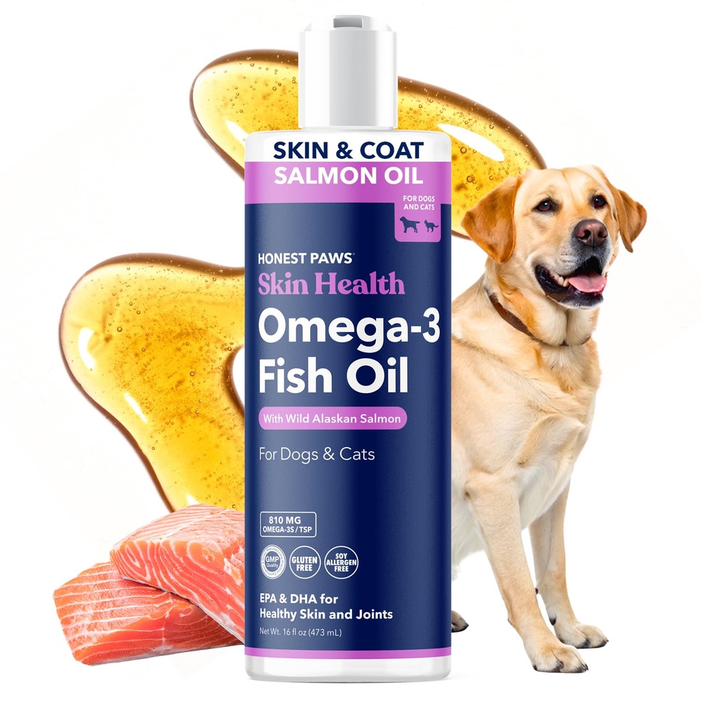 Honest Paws Wild Alaskan Salmon olio per cani e gatti – Omega 3 Fish Oil Supplemento per pelle, cappotto, Joint & Heart Health – Naturale, Sostenibilmente Source, 16 oz