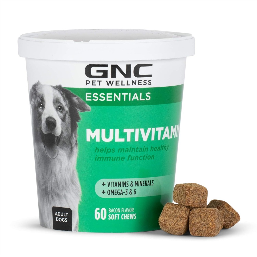 GNC Animali Essentials Cane Multivitamin Soft Chews, Salmon Oil Dog Supplemento in Bacon Flavor, Booster immunitario e pelle e cappotto Supporto Masticabile con vitamine e minerali, 60 Conte