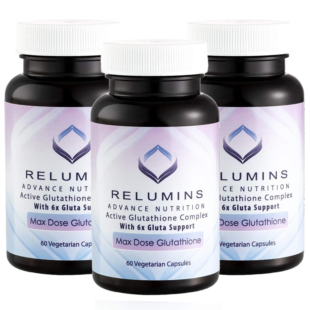 Relumins Advance White Active Glutathione Complex - Max Dose 900mg Glutathione con 6X Boosters, ALA & NAC - Anti-invecchiamento della pelle Brightening Supplement - 60 Caps x 3 bottiglie