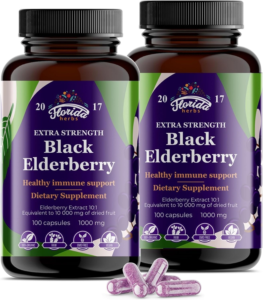 Black Elderberry Capsules | 200 Count - 10.000mg | Sambucus Elderberry Vitamins, Non-GMO, Gluten Free, Organic Elderberry Extract Sambucus Nigra - 200 Vegan Capsules - Confezione da 2