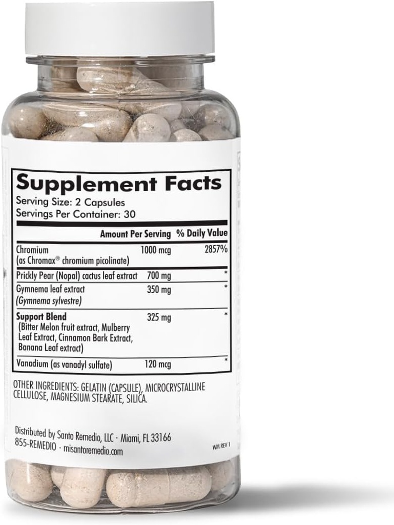 Formula esclusiva di Santo Remedio con Nopal, Chromium Picolinate (Chromax), Gurmar (Gymnema Silvestre), e Vanadyl Sulfate.