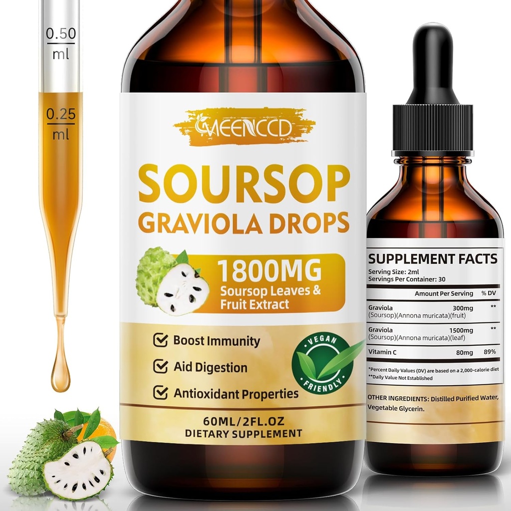 Soursop Graviola Liquid Drops 1800mg, Antiossidante naturale, Supporto cellulare e rigenerazione, Boost immunitario, Soursop Bitters Liquido, Senza zucchero, Non OGM, Vegan, Aroma arancione, 2 FL OZ