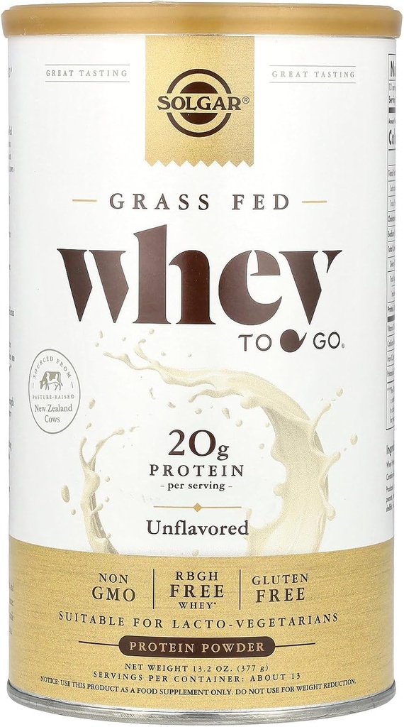 Solgar Grass Fed Whey to Go Protein Powder Unflavored, 11.2 oz - 20g di Grass-Fed Protein da New Zealand Cows - Great Tasting & Mixes Easily - Supporta la forza & Recovery - Non-GMO, 13 Servings