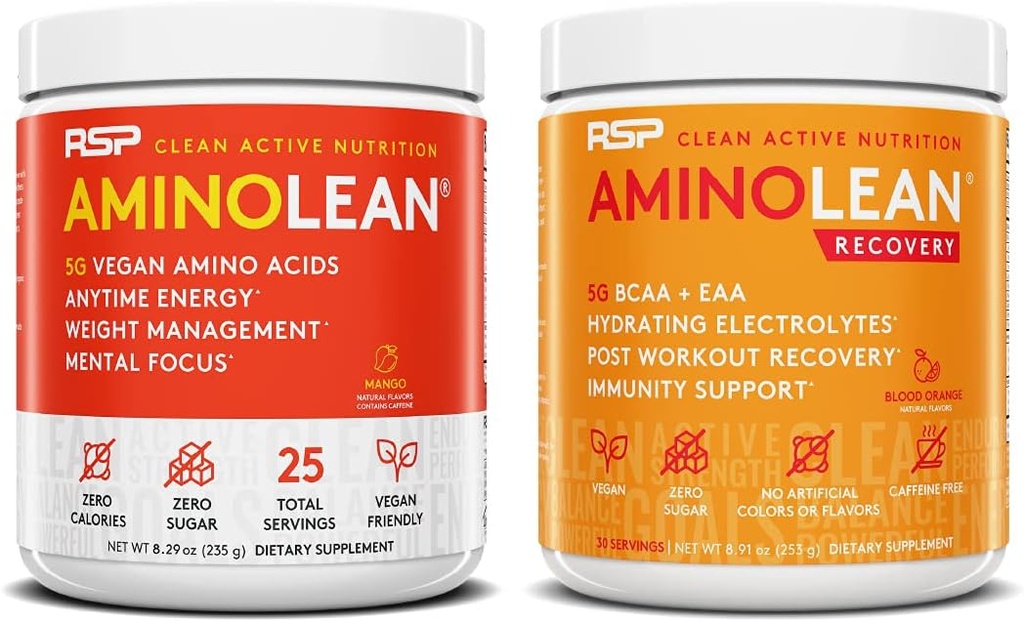 RSP NUTRITION Vegan AminoLean Pre Workout Energy (Mango 25 Serve) con AminoLean Recovery Post Workout Boost (Blood Orange 30 Servings)