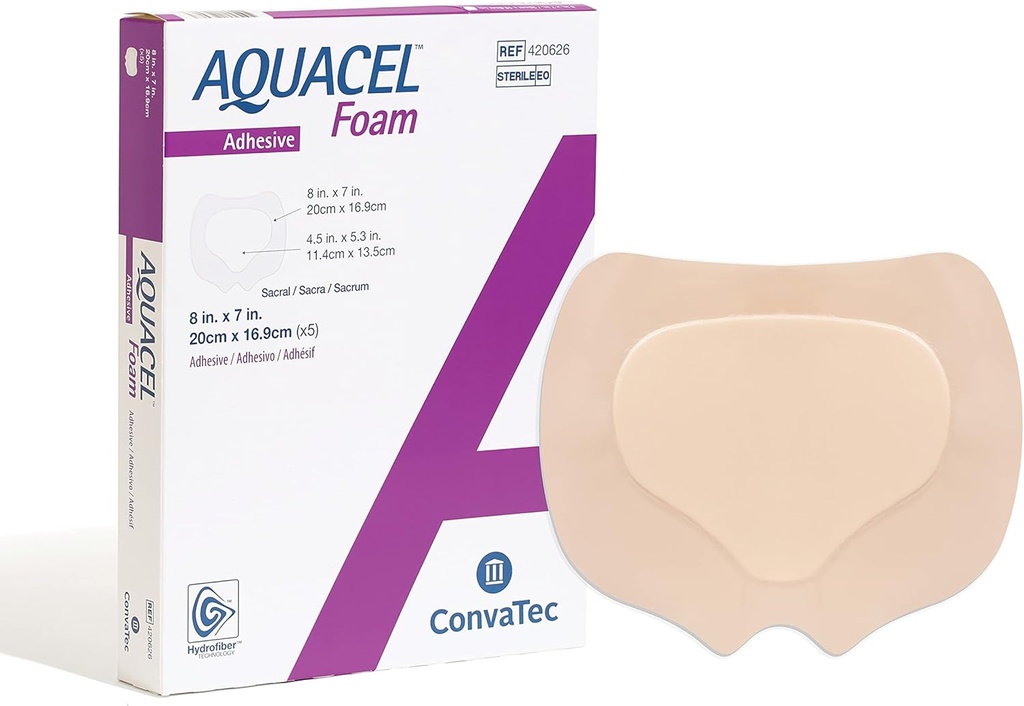 ConvaTec AQUACEL Foam 8"x7" Rivestimento Sacrale con Gel Silicone adesivo, Impermeabile, Flessibile, Grado Medico con tecnologia idrofibra, Sterile, rettangolo, scatola 5ct