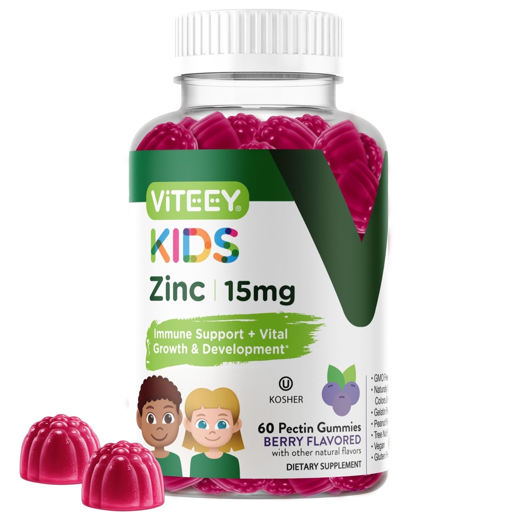 Viteey Zinc for Kids Gummies, 15mg - Supporto immunitario - Potente Antiossidante Naturale, Integratore di Vitamina di Zinco per Bambini - Vegan, Gelatin Free, Gluten Free - Gummia di Gummie di Gummies per Bambini
