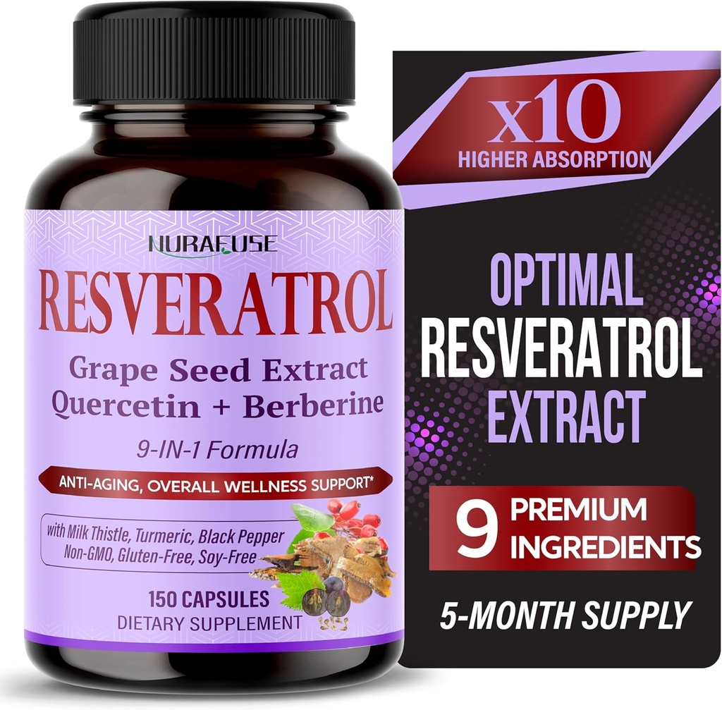 RESVERATROL 9-in-1 Formula - con cardo al latte, curcuma, pepe nero Non OGM, senza glutine, senza soia