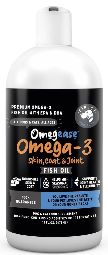 Olio di pesce Omegease per cani e gatti - Più fine per gli animali Omega 3 per gatti e cani - Supplemento per la pelle e cappotto, prurito, spargimento, articolazioni e salute immunitaria - Olio di pesce puro al 100% Omega con EPA & DHA (16 oz)