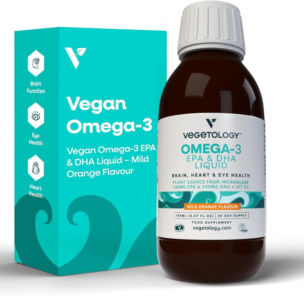 Vegan Omega 3 Liquido, da Microalgae, 800mg di EPA DHA, con vitamina D3, Supporta il cuore, il cervello e la salute degli occhi, naturale Fish Oil Alternative, UK Made, delicato arancione Flavoured