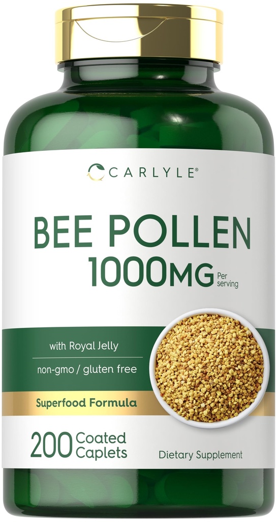 Carlyle Bee Pollen Supplemento | 1000mg | 200 Caplets | con Royal Jelly e Bee Propolis | per gli uomini e le donne | Vegetariano, Non OGM, Gluten Free