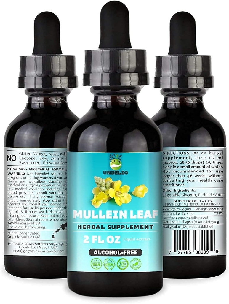 Estratto di foglie di mulla di erbe di Undelio - Tintura organica e senza alcool per il respiratorio, polmone, sonno e supporto digestivo - Non-OGM, Vegan - 2 fl. Oz per la salute immunitaria &amp; Detox polmonare