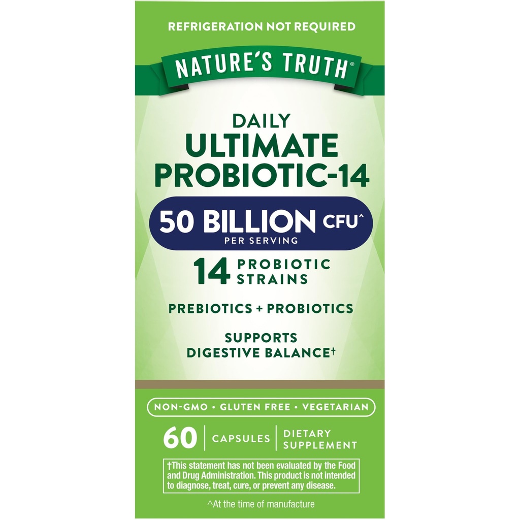 Probiotico di verità della natura per le donne e gli uomini | 50 miliardi di CFU | 14 Strains Probiotici | 60 capsule | Amichevole di stomaco | 200 mg Prebiotici | Vegetariano, Non OGM & Gluten