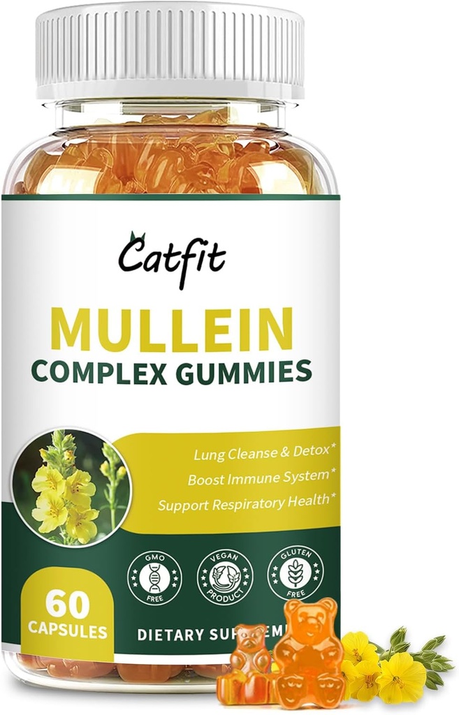 Gatti Mullein Gummies per polmoni – Estratto di foglie di Mullein con Quercetin, Elderberry per il supporto respiratorio e immunitario, Salute e respirazione polmonare, Vegan, Sapore ananas, 60 Gummies