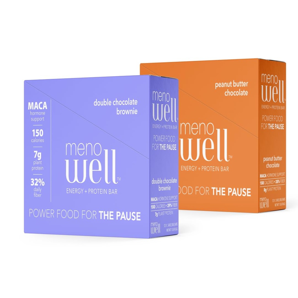 MenoWell Menopause Energy and Protein Bars for Women (Formally Bossa Bar), Double Chocolate Brownie (10 Conte) e Peanut Butter Chocolate (10 Conte), High Fiber and Protein, 20 Conte (1 Box of Every)