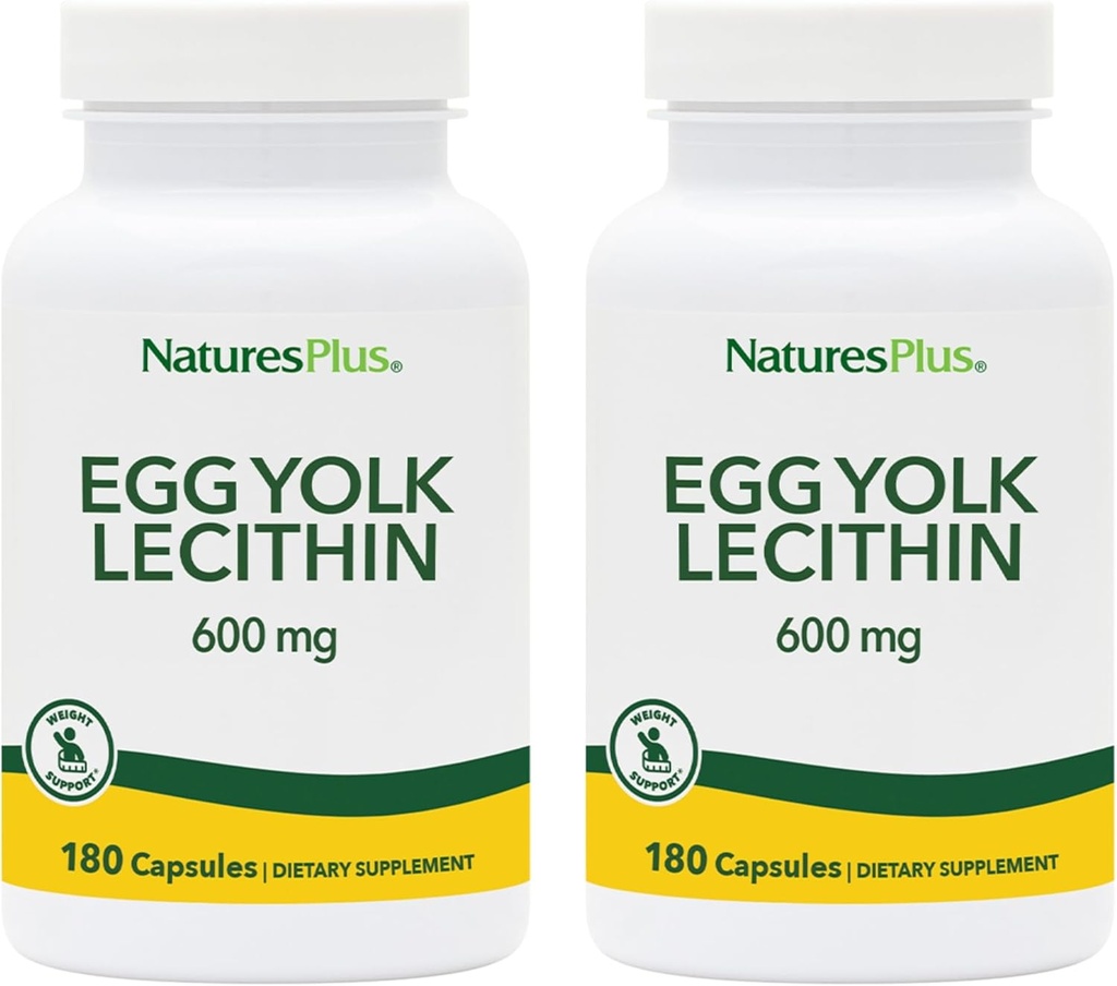 NaturesPlus Egg Yolk Lecithin - 600 mg, 180 capsule - Confezione da 2 - Soy Free, Gluten Free - 180 Total Servings