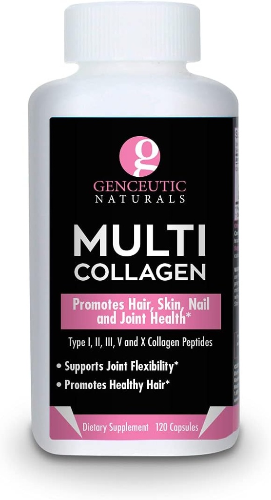 Genceutic Naturals Multi Collagen Capsule Tipi I, II, III, V & X - 120 Tappi di Veg - per pelli di capelli sani, unghie 1500mg Non OGM, Pasture-Raised, gabbia Free e Cruelty Free Source