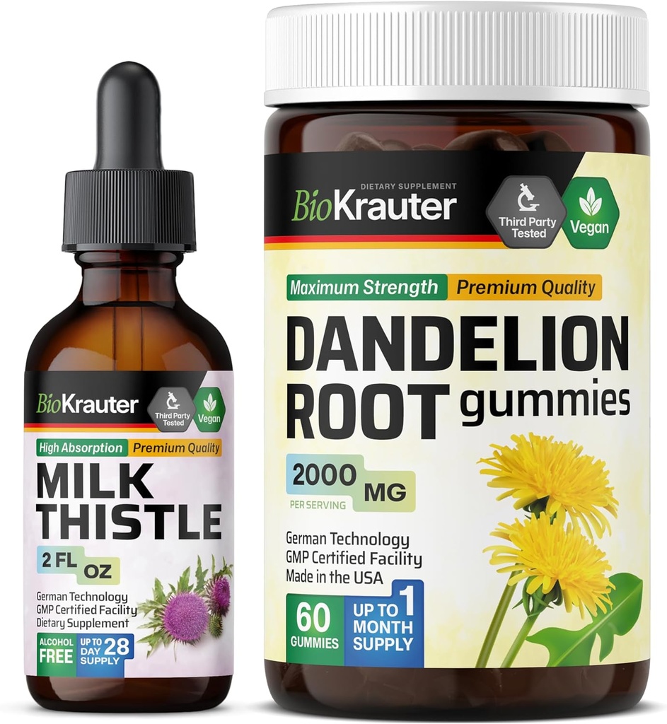BIO KRAUTER Latte Thistle Tincture 2 Fl. Oz. & Dandelion 60 Gummies