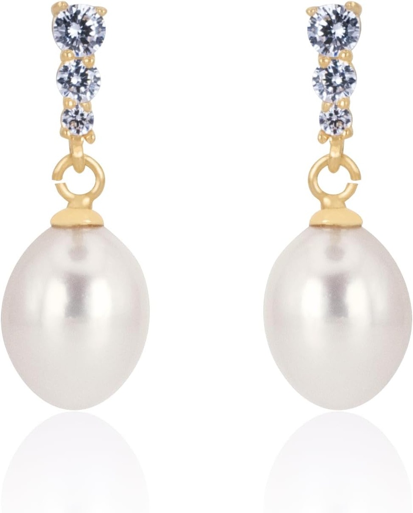 18K oro placcato Sterling Silver Dangle bianco goccia Handpicked qualità d'acqua dolce cultura perla orecchini di nozze con cubo Zirconia cristalli perla orecchini da sposa gioielli per le spose