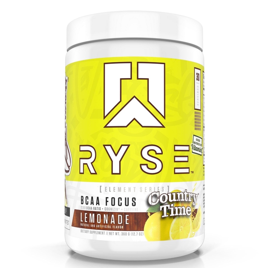 RYSE BCAA Focus Powder - Country Time Lemonade - BCAA Supplemento con elettroliti, caffeina naturale & Cognizin Supporti per l'idratazione, il recupero, l'energia e la messa a fuoco per gli uomini e le donne - 30 Serve