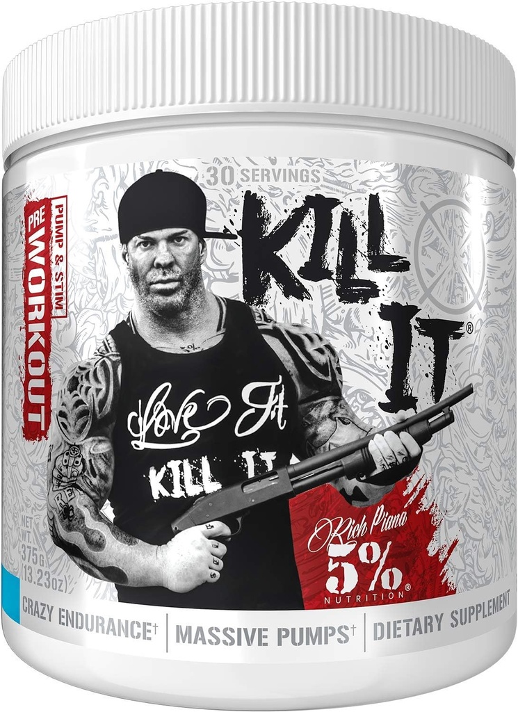 Ricco Piana 5% Nutrizione Ucciderlo Pre Workout Polvere w/Creatine, Caffeina senza Jitter, NO-Booster, Beta Alanine, L-Citrulline per Focus, Pompa, Endurance, Recupero 13.23 oz, 30 Srvgs (Blueberry Lemonade)