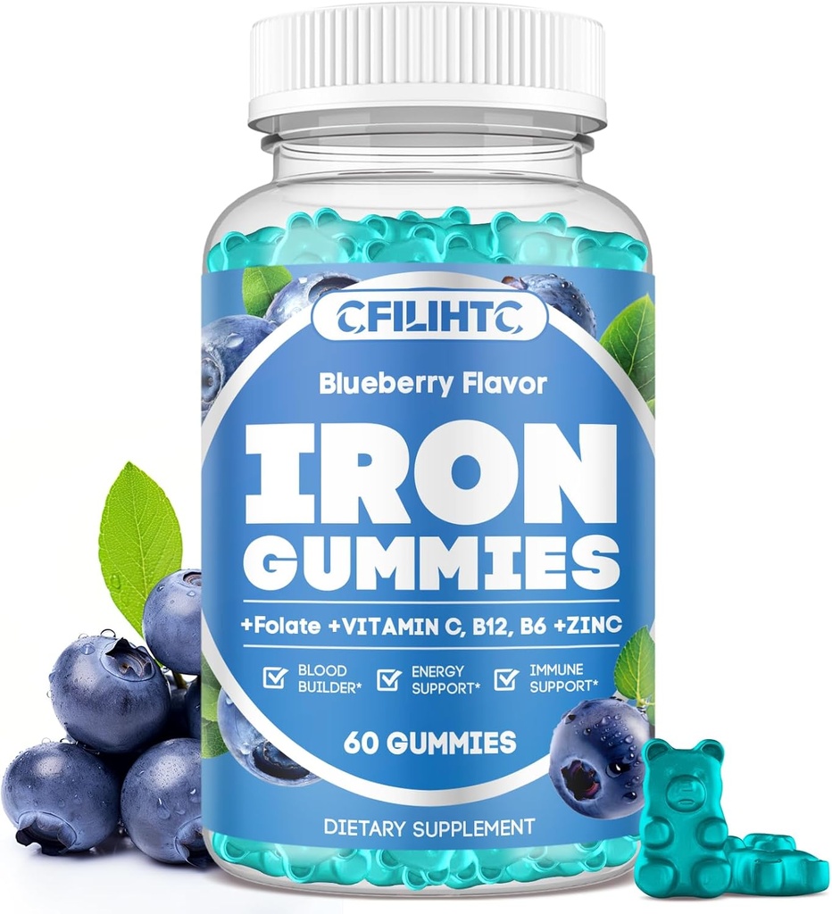 Gummie di ferro per le donne e gli uomini - Supplemento di ferro con vitamina B6, B12, C, Zinco, Folato per gli adulti e bambini - Sostenere la carenza di ferro, Anemia, Boost di energia, Costruttore di sangue - Sugar Free Vegan 60ct Blueberry