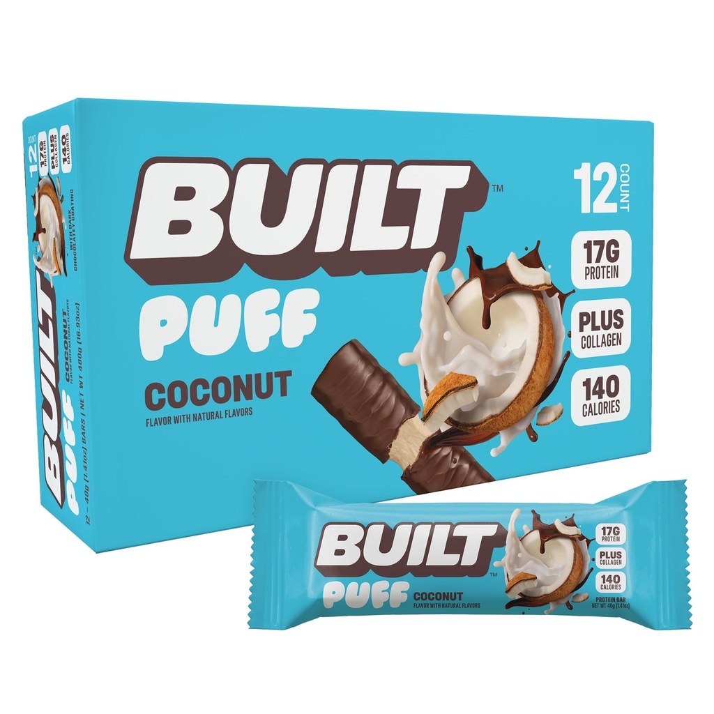 Bar costruito, Barre di proteine di Puff, Puff di cocco, 17g Snack proteici, Barre On-The-Go, Solo 140 Calorie, 6g Zucchero, Collagene, senza glutine, 12 conte