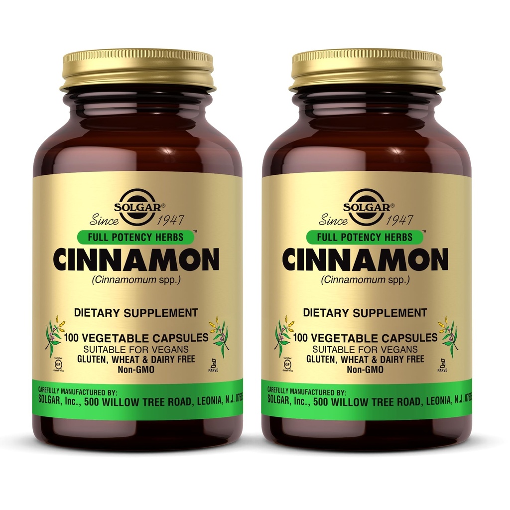 Solgar Cinnamon - 100 capsule vegetali, Confezione da 2 - Full Potency (FP) - Non OGM, Vegan, Gluten Free, Dairy Free, Kosher - 200 Total Servings