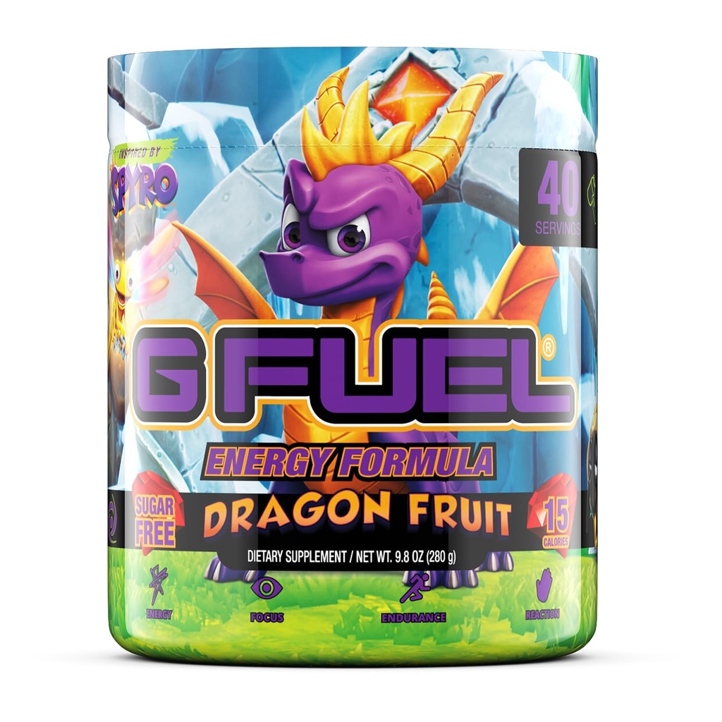 G Fuel Spyro The Dragon Energy Drink Powder, Pre Workout Caffeine Mix for Gaming, Sugar Free Focus Amino, Vitamin + Antiossidanti, 9.8oz (Dragon Fruit, 40 Servings)