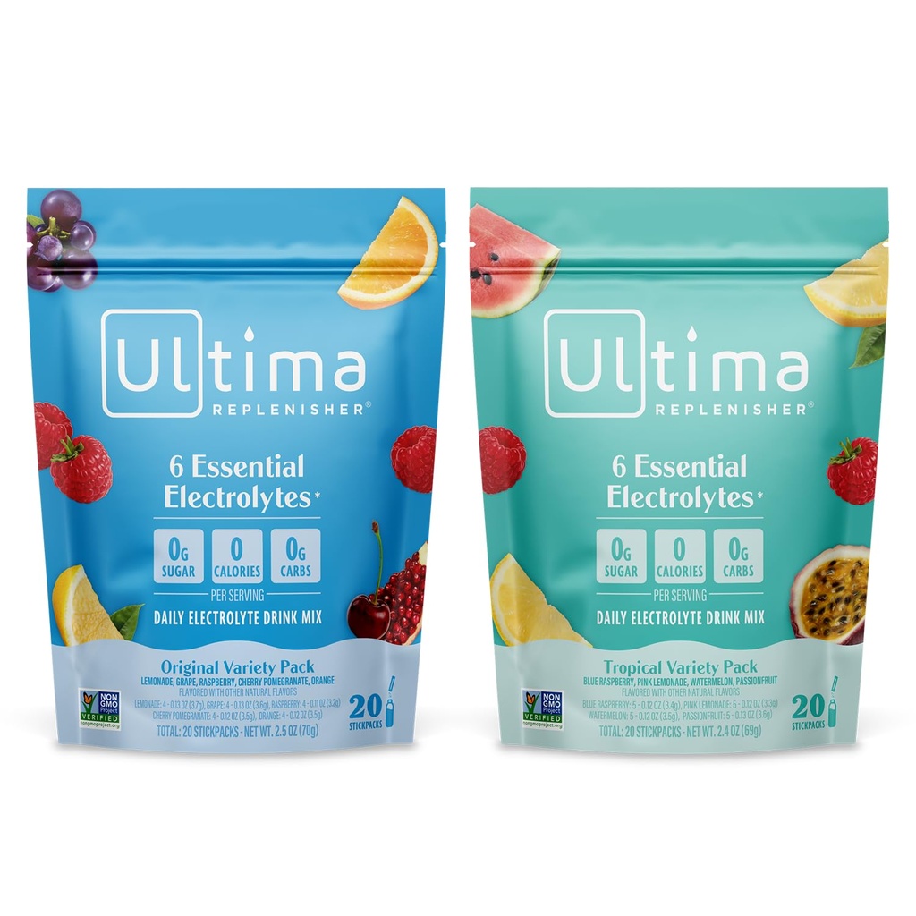 Ultima Replenisher Daily Electrolyte Powder Drink Mix – Sugar Free – Tropical Variety and 5-Flavor Variety, 20 Stickpacks – Imballaggi di idratazione con 6 elettroliti e minerali – Keto, Non OGM