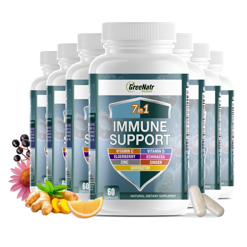 GreeNatr 7 in 1 Integratore di Supporto Immune con Vitamina C, Vitamina D3, Zinc 50mg, Quercetin, Echinacea Purpurea, Sambucus Elderberry e Ginger per Difesa Immune Completa - 60 Capsule (12 Bottiglie)
