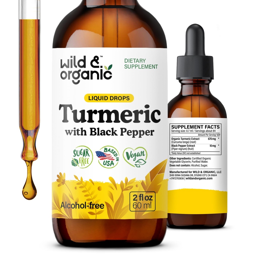 Liquido di supplemento curcuma selvatico e organico - supporto misto - curcumina curcuma con estratto di pepe nero - gocce di radice di curcumina - Vegan, zucchero e alcool-Free tintura - 2 fl oz