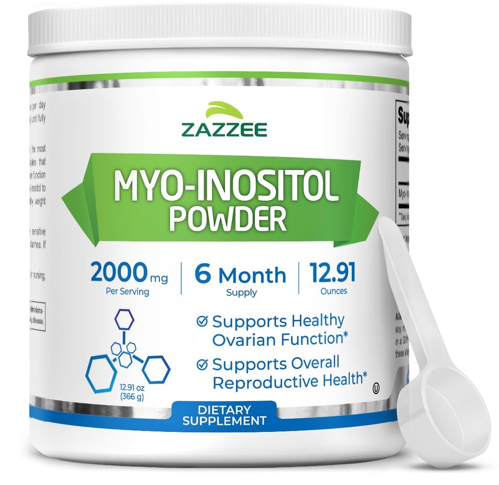 Zazzee Myo-Inositol Powder, 6 mesi di fornitura, 183 Serve, 2000 mg per dose, Scoop gratuito per dosaggio esatto, 12.91 once, 100% Pure, Fertilità all-naturale e supporto riproduttivo, Vegan, Non OGM