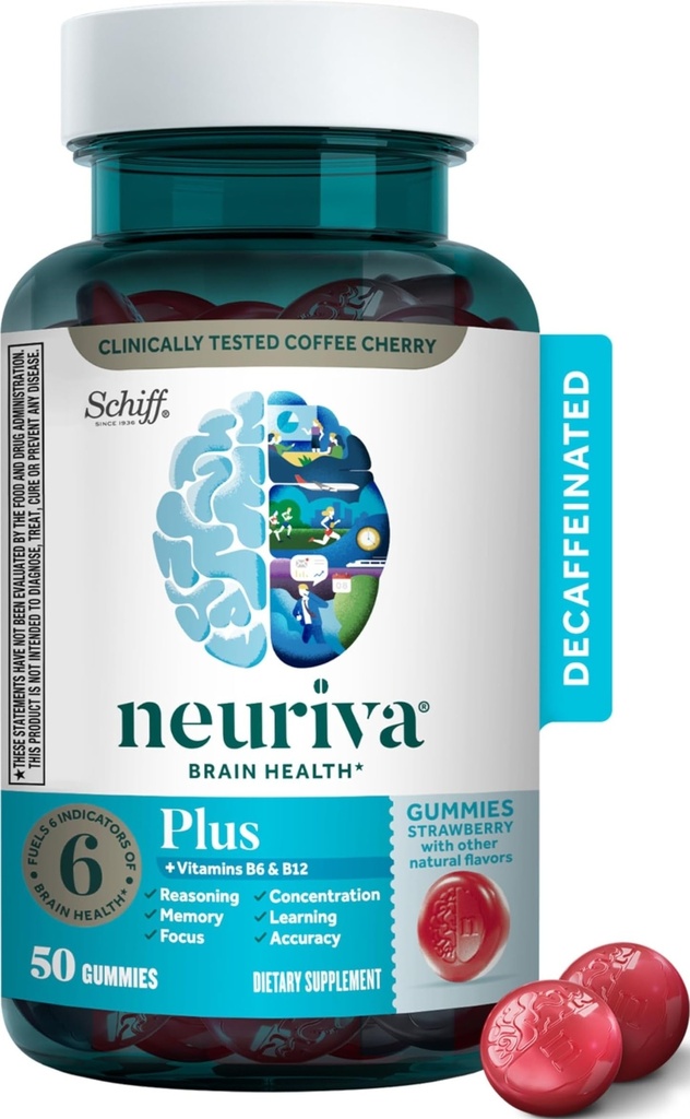 NEURIVA Plus Brain Supplemento per la Memoria,Focus & Concentration+Cognitive Function with Vitamins B6 & B12 and Clinically Tested Nootropics Phosphatidylserine and Neurofactor,50ct Strawberry Gummies